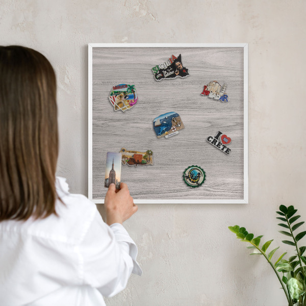 Decorative magnet board with a white frame Wooden texture