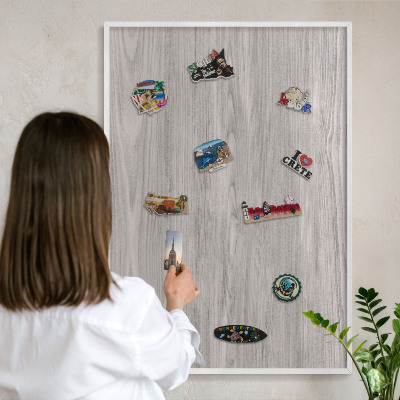 Decorative magnet board with a white frame Wooden texture