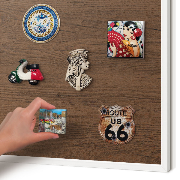 Magnetic board for travel magnets in a white frame Wooden texture