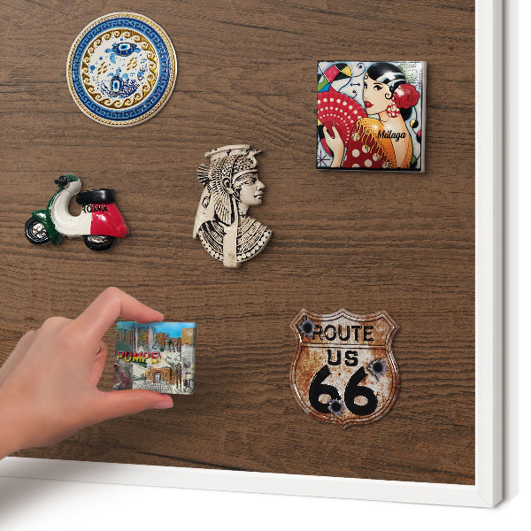 Magnetic board for travel magnets in a white frame Wooden texture
