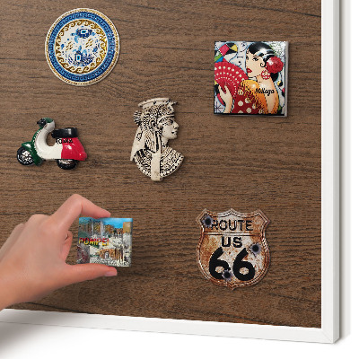 Magnetic board for travel magnets in a white frame Wooden texture