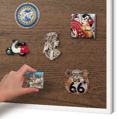 Magnetic board for travel magnets in a white frame Wooden texture