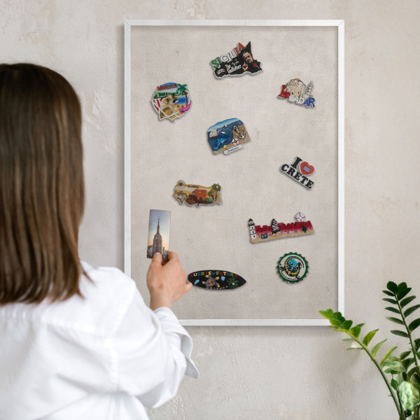 Magnetic board for travel magnets in a white frame Gray elegance