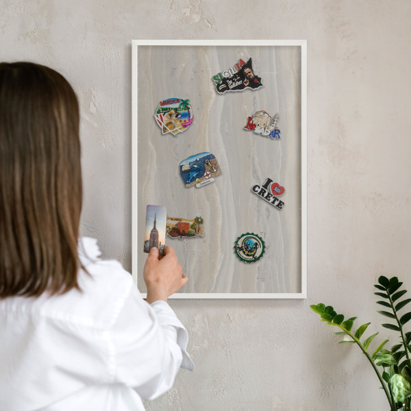 Decorative magnet board with a white frame Marble texture