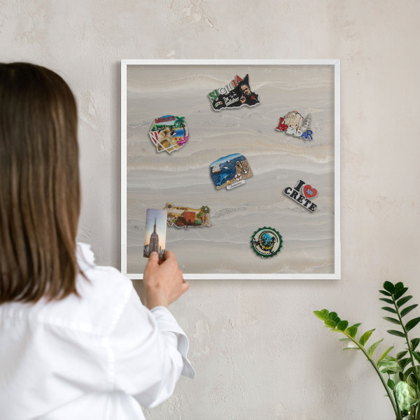 Decorative magnet board with a white frame Marble texture