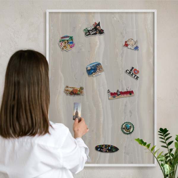 Decorative magnet board with a white frame Marble texture
