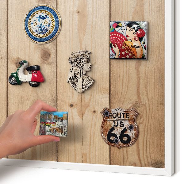Magnetic board for travel magnets in a white frame Wooden texture