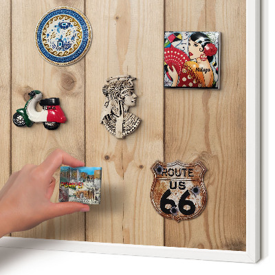 Magnetic board for travel magnets in a white frame Wooden texture