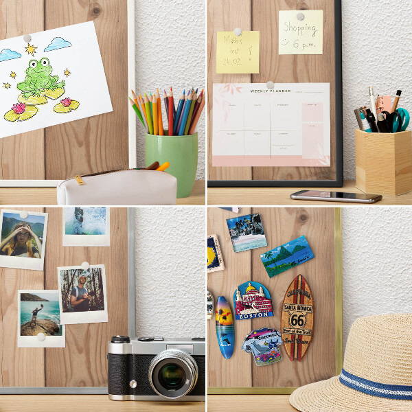 Magnetic board for travel magnets in a white frame Wooden texture