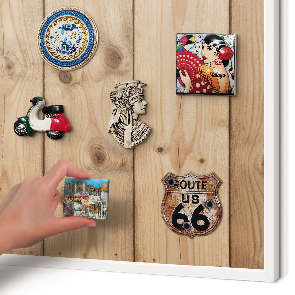 Magnetic board for travel magnets in a white frame Wooden texture