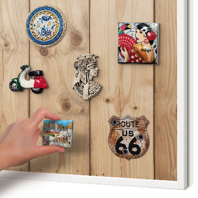 Magnetic board for travel magnets in a white frame Wooden texture