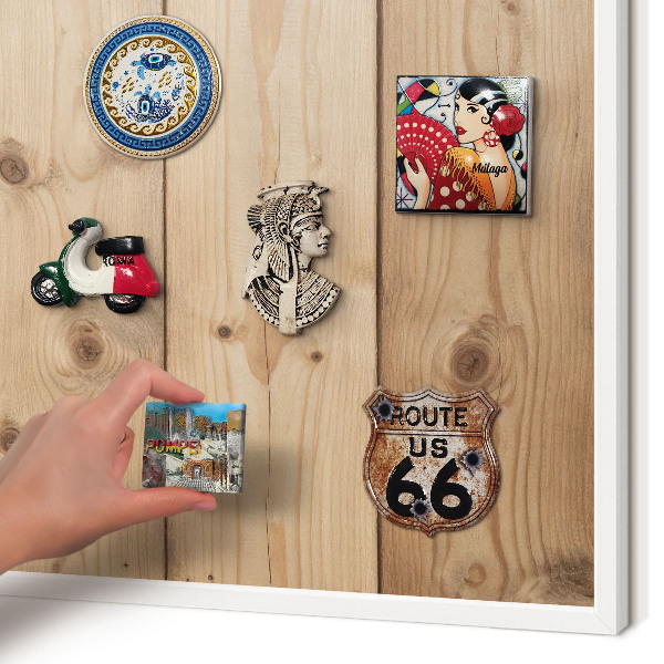 Magnetic board for travel magnets in a white frame Wooden texture