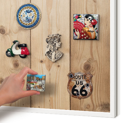 Magnetic board for travel magnets in a white frame Wooden texture