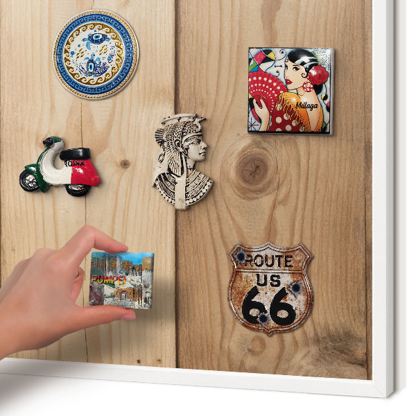 Magnetic board for travel magnets in a white frame Wooden texture