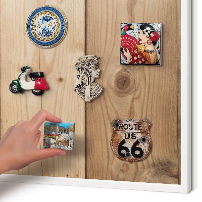 Magnetic board for travel magnets in a white frame Wooden texture