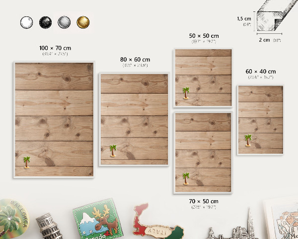 Magnetic board for travel magnets in a white frame Wooden texture