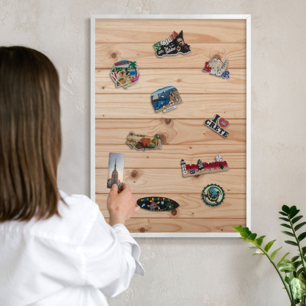 Decorative magnet board with a white frame Wooden pattern
