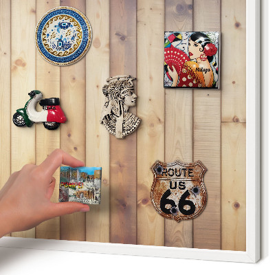Magnetic board for travel magnets in a white frame Wooden boards