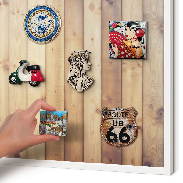 Magnetic board for travel magnets in a white frame Wooden boards