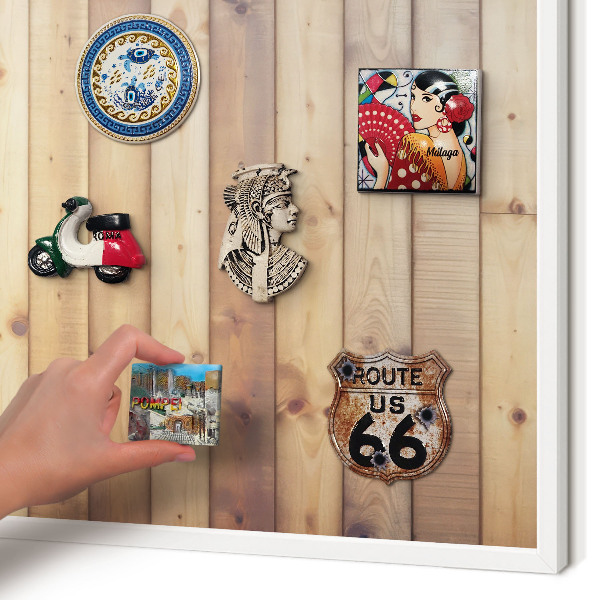 Magnetic board for travel magnets in a white frame Wooden boards