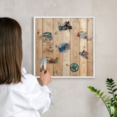 Decorative magnet board with a white frame Wooden boards