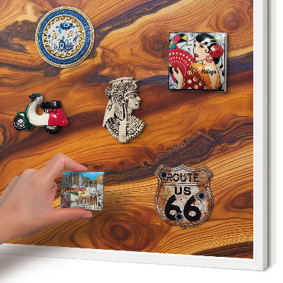 Magnetic board for travel magnets in a white frame Wooden rings