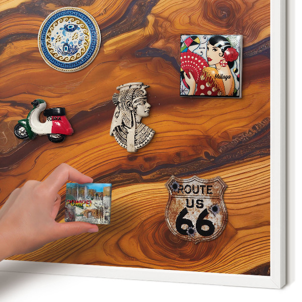 Magnetic board for travel magnets in a white frame Wooden rings