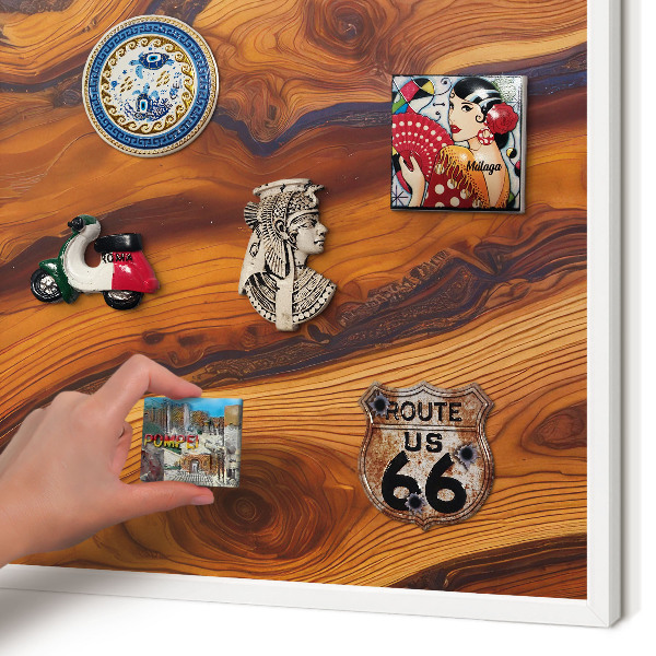 Magnetic board for travel magnets in a white frame Wooden rings