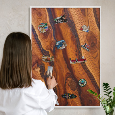 Magnetic board for travel magnets in a white frame Wooden rings