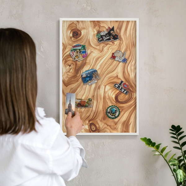 Decorative magnet board with a white frame Wooden texture
