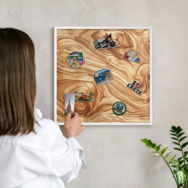 Decorative magnet board with a white frame Wooden texture