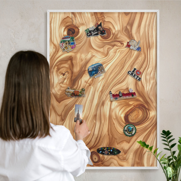 Decorative magnet board with a white frame Wooden texture