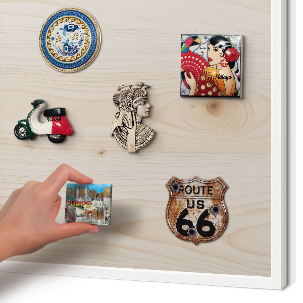 Magnetic board for travel magnets in a white frame Wooden pattern