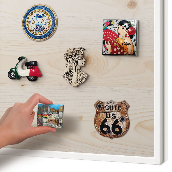Magnetic board for travel magnets in a white frame Wooden pattern