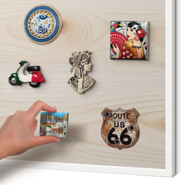 Magnetic board for travel magnets in a white frame Wooden pattern