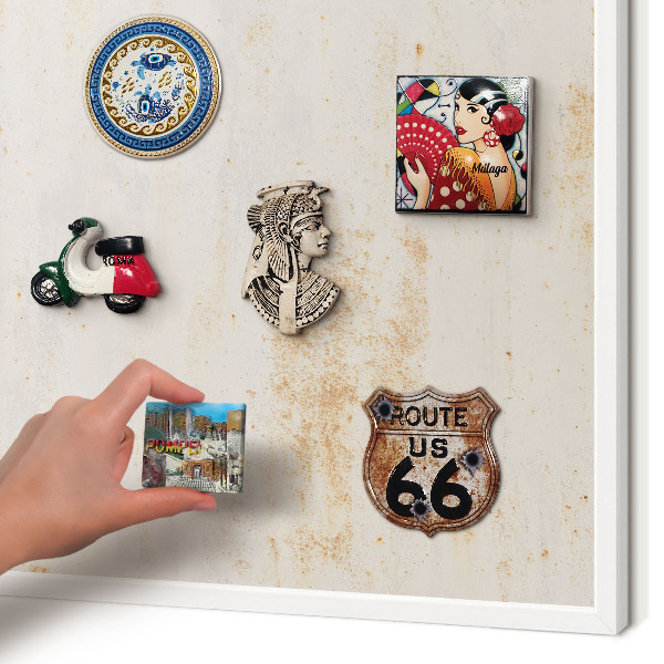 Magnetic board for travel magnets in a white frame Rusty texture