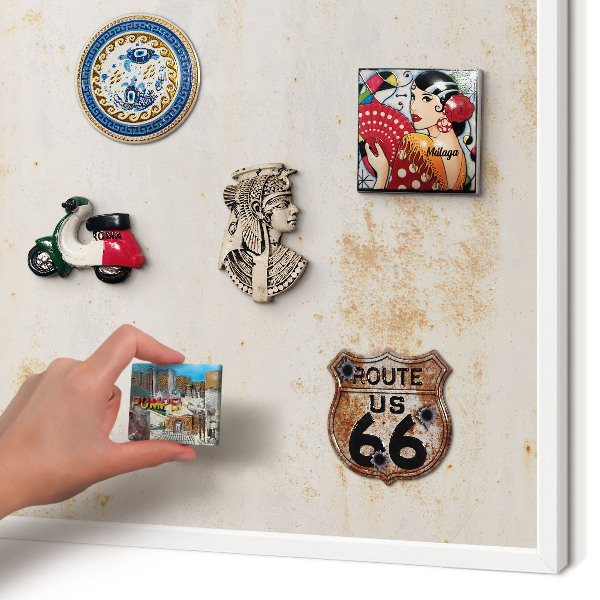 Magnetic board for travel magnets in a white frame Rusty texture