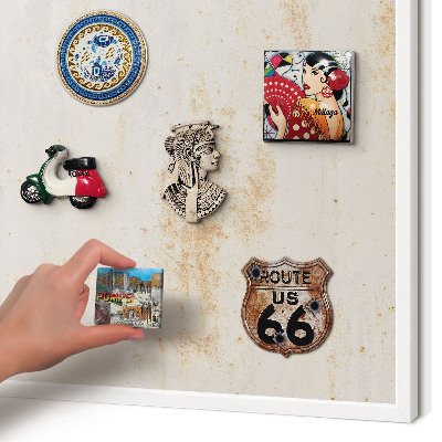 Magnetic board for travel magnets in a white frame Rusty texture