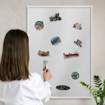 Magnetic board for travel magnets in a white frame Elegant texture