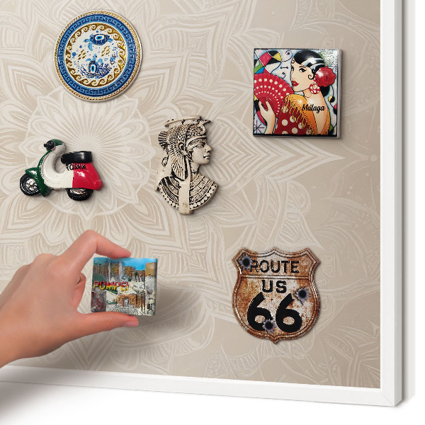 Magnetic board for travel magnets in a white frame Mandala pattern