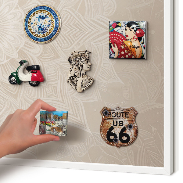 Magnetic board for travel magnets in a white frame Mandala pattern