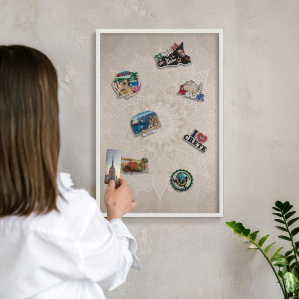 Magnetic board for travel magnets in a white frame Mandala pattern