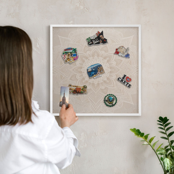 Magnetic board for travel magnets in a white frame Mandala pattern