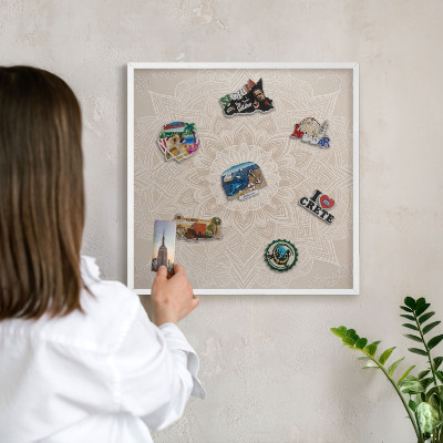 Magnetic board for travel magnets in a white frame Mandala pattern