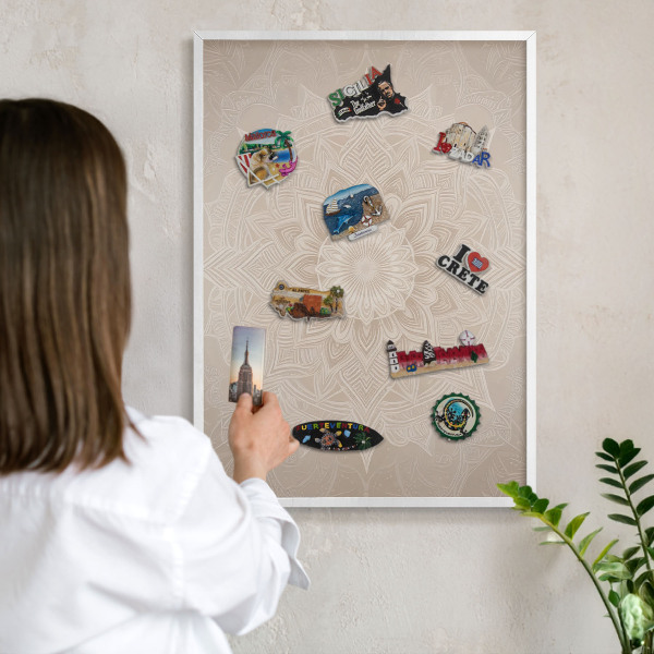 Magnetic board for travel magnets in a white frame Mandala pattern