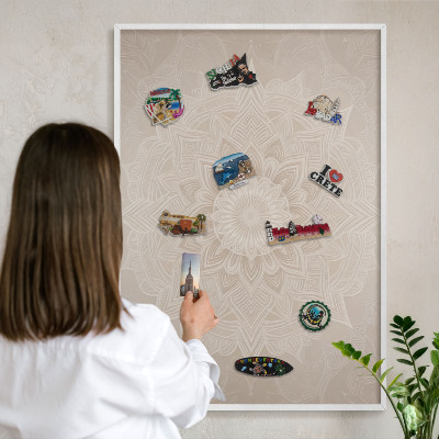 Magnetic board for travel magnets in a white frame Mandala pattern