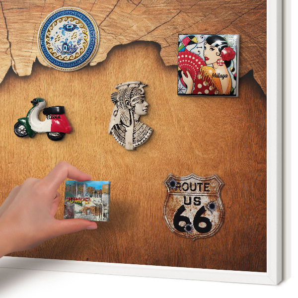 Magnetic board for travel magnets in a white frame Wooden texture