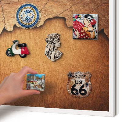 Magnetic board for travel magnets in a white frame Wooden texture