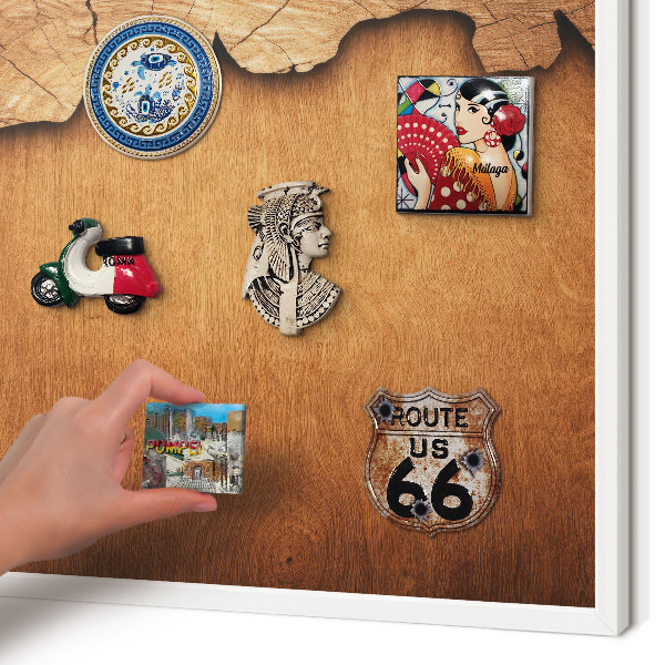 Magnetic board for travel magnets in a white frame Wooden texture