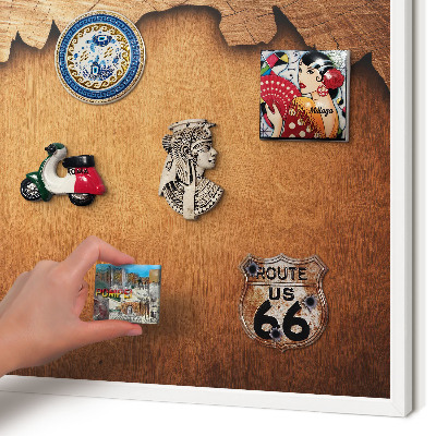 Magnetic board for travel magnets in a white frame Wooden texture